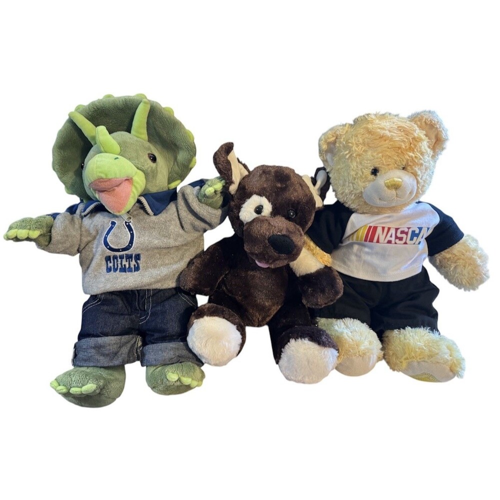 Lot Of 3 Build-a-bear Plushes Colts Triceratops Sparkly Nascar Teddy & Brown Dog